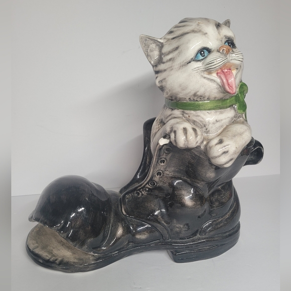 Rare Vintage Norleans Large Ceramic Kitten In Boot, Made In Italy - Picture 7 of 10
